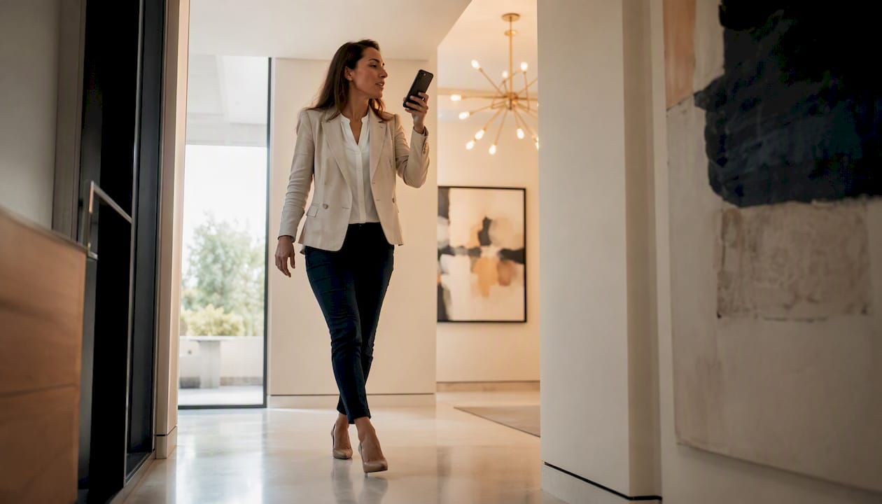 Agente immobiliare che registra la descrizione dell’immobile direttamente sullo smartphone