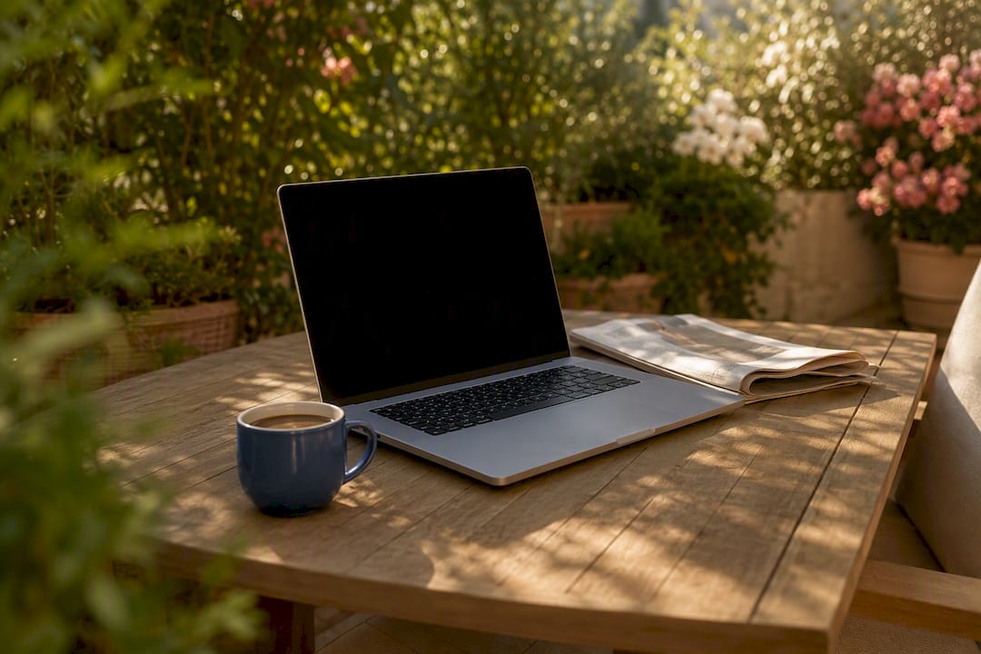 Tastiera di un laptop con schermo spento e pianta