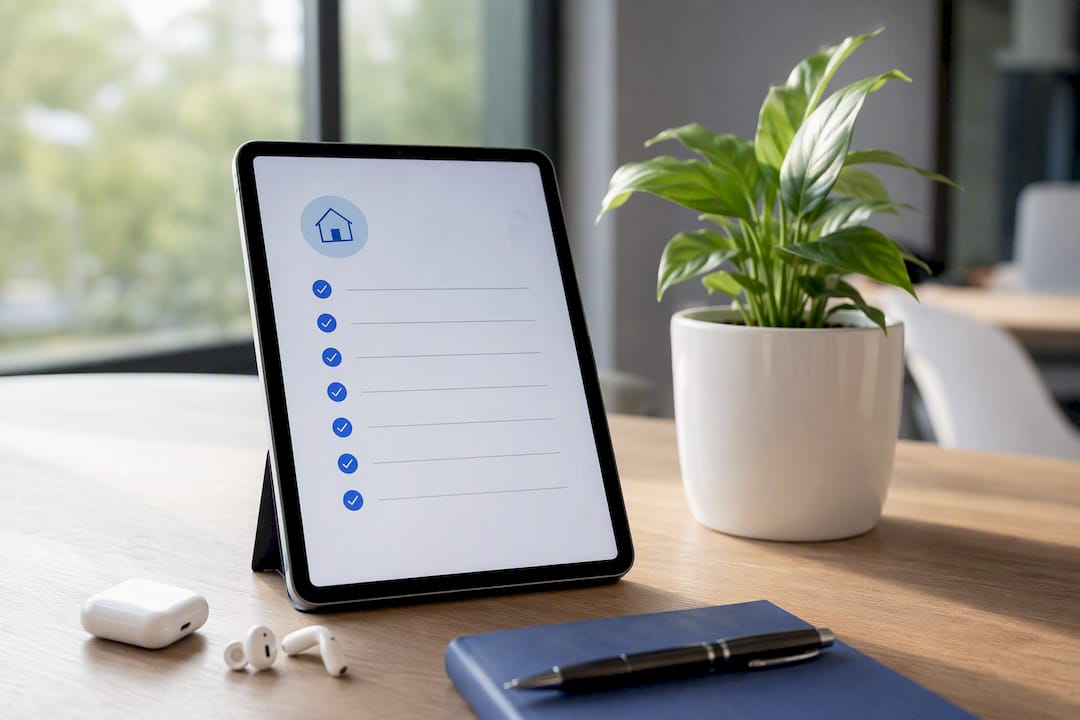 Spazio di lavoro immobiliare con lista di controllo per la conformità su tablet