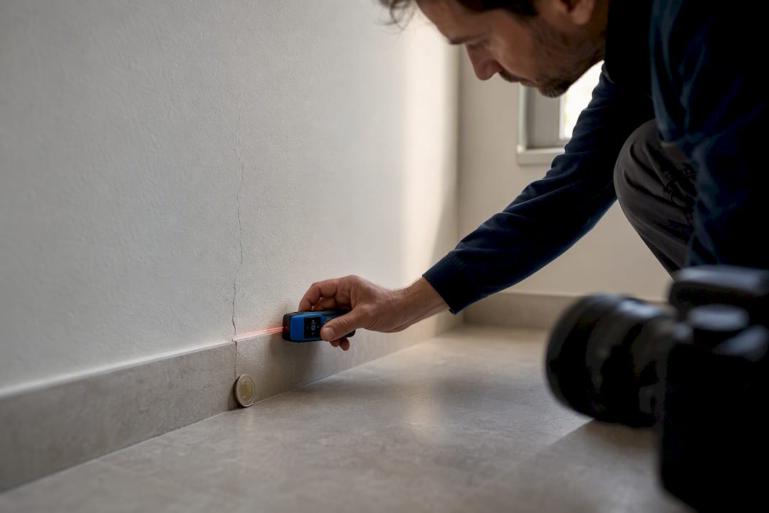 Crepa misurata con metro laser e moneta