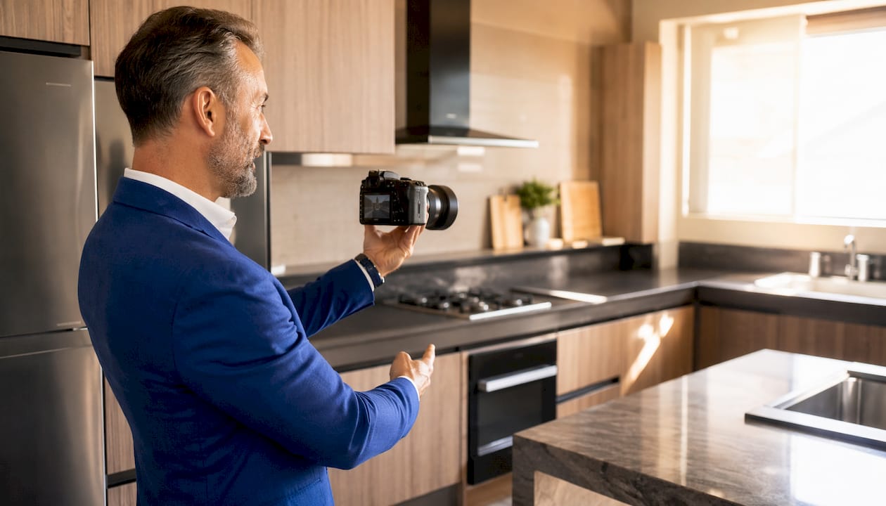 L’agente immobiliare illustra le caratteristiche dell’appartamento mentre scatta alcune foto degli interni.