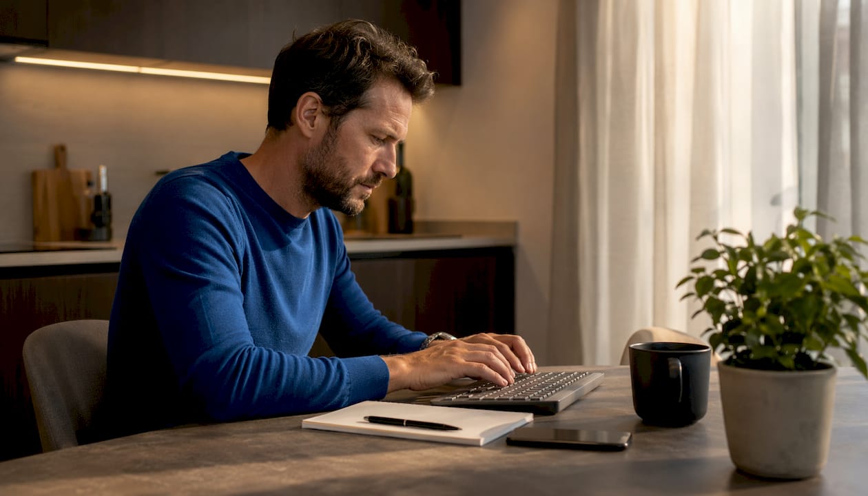 Mani di un uomo che lavora al computer nella sua postazione di lavoro a casa