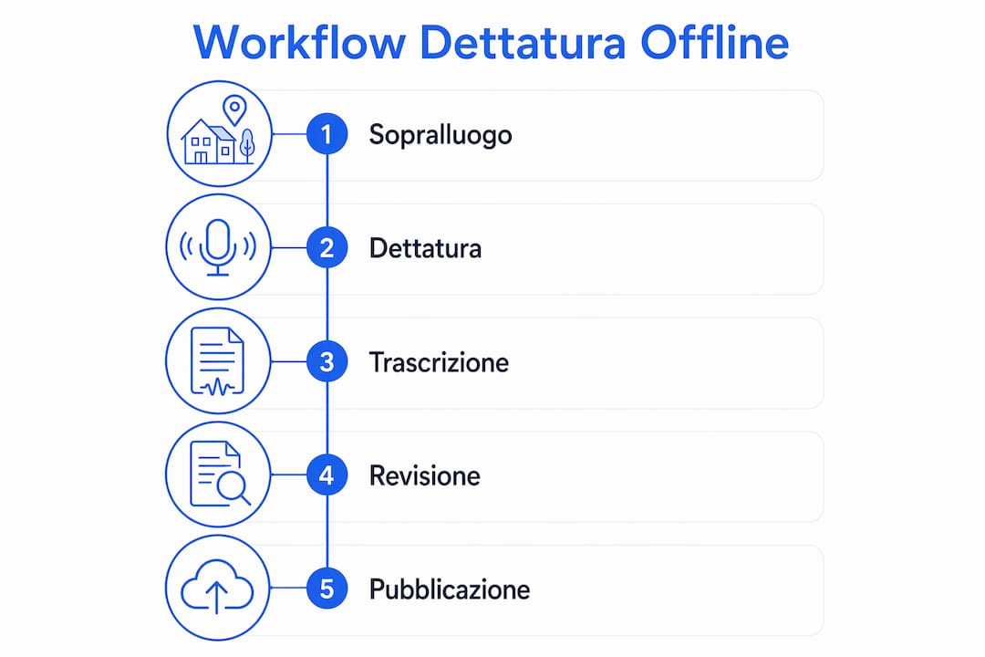 Infografica sul processo operativo della dettatura vocale offline per agenti immobiliari