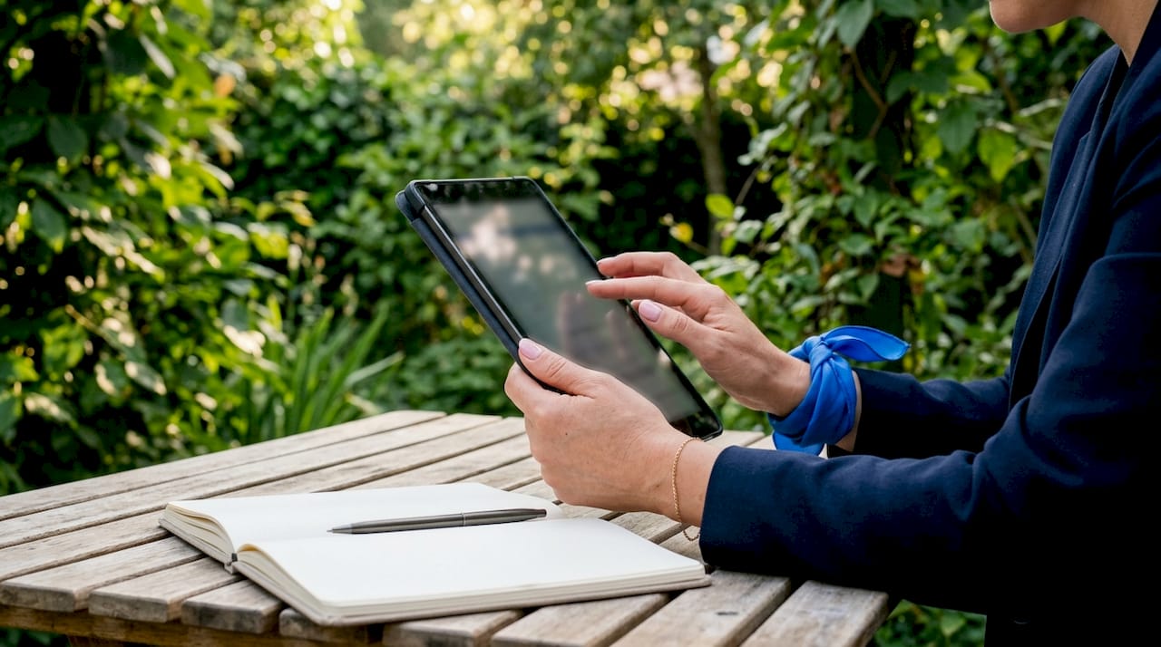 Dettaglio delle mani di un agente mentre utilizza un tablet in ufficio